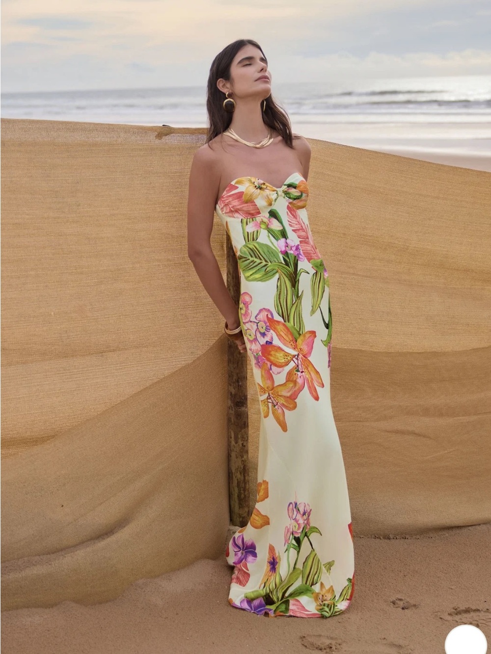 Rococo Sand Cream Strapless Floral Maxi Dress